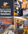 Top Notch Portable Strapping Kit With Half Inch Poly Banding Tool, warehouse setting with organized boxes and equipment.