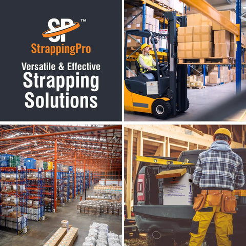 Top Notch Portable Strapping Kit With Half Inch Poly Banding Tool, warehouse setting with organized boxes and equipment.