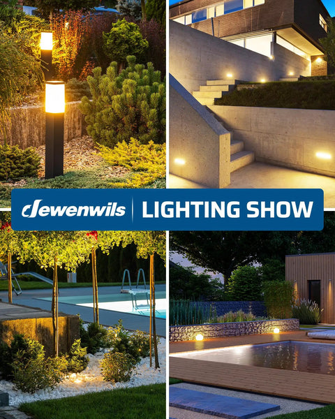 Outdoor gardens and stairways lit with low voltage landscape lighting, showcasing the 120W Low Voltage Outdoor Transformer With Photocell Sensor And Timer