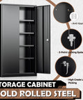Heavy Duty Metal Storage Cabinet With Adjustable Shelves For Garage Home Office Kitchen Pantry And File Storage Lockable Doors Built Tough In Solid Steel 72 Inches Tall Black showing open doors, adjustable shelves, locking system, and anti-tipping design.