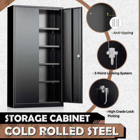Heavy Duty Metal Storage Cabinet With Adjustable Shelves For Garage Home Office Kitchen Pantry And File Storage Lockable Doors Built Tough In Solid Steel 72 Inches Tall Black showing open doors, adjustable shelves, locking system, and anti-tipping design.