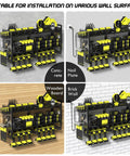 Power Tool Organizer Wall Mount With Charging Station And 3 Tier Heavy Duty Metal Rack Featuring 8 Drill Holders And 6Ft Power Strip shown on different wall surfaces.