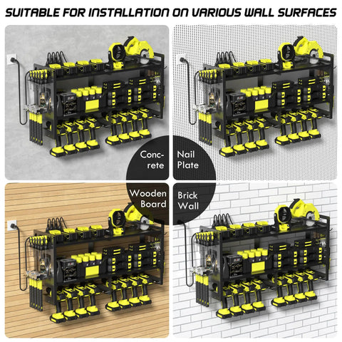 Power Tool Organizer Wall Mount With Charging Station And 3 Tier Heavy Duty Metal Rack Featuring 8 Drill Holders And 6Ft Power Strip shown on different wall surfaces.