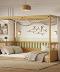 Twin Size Canopy Bed Frame With Four Posters And High Guardrails For Kids Montessori Floor Bed Natural Wood Kid Friendly Cozy Canopy For Boys And Girls Safe Sleep Space With Curtains Lights And Fabric Panels