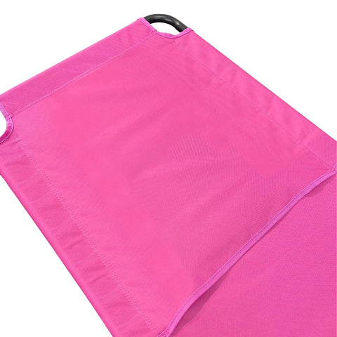 Close-up of Pink 2 Leg Chaise Lounge Chair With Polyester Comfort, Reclining Back, Headrest Pillow, Easy Open, Compact Storage fabric