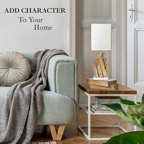 Reclaimed Wood Modern Rustic Table Lamps Set Of 2 Light Grey Bedside Lamps on wooden and metal side table in living room