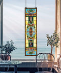 Retro Americana Stained Glass Window Hanging Panel With Scroll Brackets, 9 Inch Wide By 0 Inch Deep By 35 Inch High, Full Color Finish