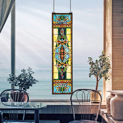 Retro Americana Stained Glass Window Hanging Panel With Scroll Brackets, 9 Inch Wide By 0 Inch Deep By 35 Inch High, Full Color Finish