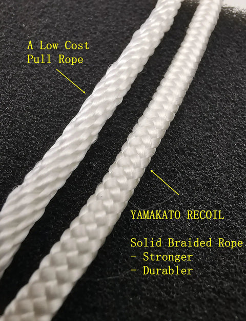 Comparison between a low-cost pull rope and Yamakato Recoil solid braided rope on textured background, highlighting strength and durability.