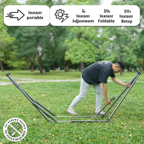 Man setting up adjustable hammock with sturdy collapsible stand for camping and outdoor use, showing easy setup in progress.