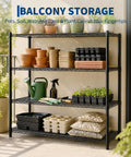 Rock Solid 4 Tier Heavy Duty Metal Shelving Unit Commercial Wire Storage Rack with pots and gardening supplies.