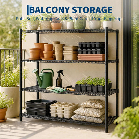 Rock Solid 4 Tier Heavy Duty Metal Shelving Unit Commercial Wire Storage Rack with pots and gardening supplies.