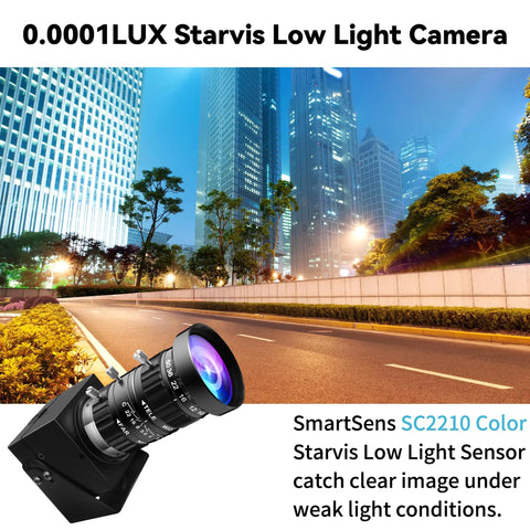 Image of Low Light USB Camera with 5-50mm manual zoom and 10x varifocal lens, ideal for HDR 100dB video in low light urban environment.