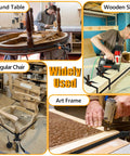 Collage showing Beefy 13 Ft Woodworking Belt Band Clamps With Quick Release used on various woodworking projects