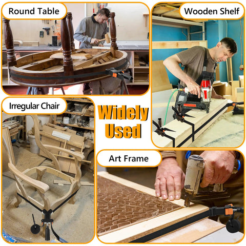 Collage showing Beefy 13 Ft Woodworking Belt Band Clamps With Quick Release used on various woodworking projects