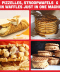 SugarWhisk Electric Pizzelle Maker Non-Stick Stroopwafel Iron and 5 Inch Cookie Machine with Four Inch Mold showcasing various desserts.