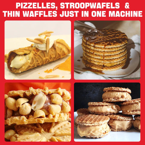 SugarWhisk Electric Pizzelle Maker Non-Stick Stroopwafel Iron and 5 Inch Cookie Machine with Four Inch Mold showcasing various desserts.