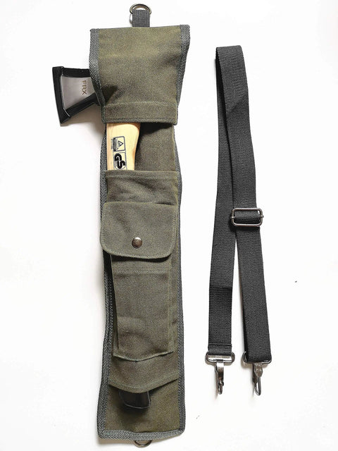 Axe And Saw Sling Bag For Boreal21 Folding Bow Saw Canvas Buck Saw Sheath with axe enclosed, side view, brown canvas material