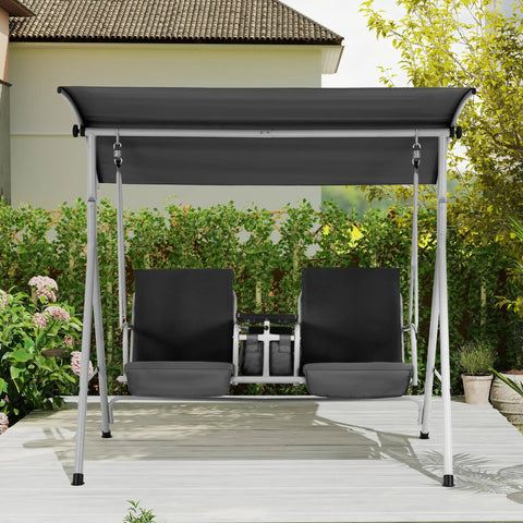 Two Seat Outdoor Porch Swing With Adjustable Canopy Heavy Duty 650 Lb Capacity Patio Swing With Pivot Storage Table And Cup Holders