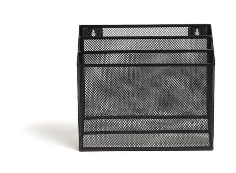 Wire Mesh File Organizer Three Compartment Matte Black Vertical Desk Sorter for Home Office Use, front view