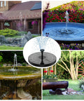 Collage of solar-powered fountain pump setups in gardens with Two And A Half Watt Solar Fountain Pump With Six Nozzles Six To Seven Inch