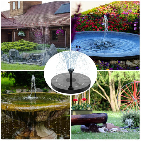 Collage of solar-powered fountain pump setups in gardens with Two And A Half Watt Solar Fountain Pump With Six Nozzles Six To Seven Inch
