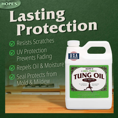 Pro Grade 100 Percent Pure Tung Oil Wood Finish That Penetrates Deep, Food Safe And Waterproof Sealer, 32 Fl Oz bottle on table.