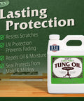 100 Percent Pure Tung Oil For Wood Finish And Sealer, Food Safe Waterproof, deep penetrating natural oil bottle on wood surface