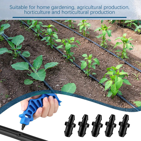 Drip Irrigation Hole Punch Tool For One Quarter Inch Fittings With 50 Goof Plugs shown in garden setup with young plants.