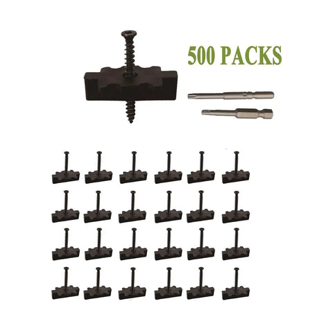 500 Pack Rock Solid Hidden Deck Fasteners For Composite Board With Stainless Steel Screws and Universal Nylon Hideaway Clips arrangement.