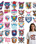 DTF Transfers Ready To Press 30 Sheets Ice Cream Drip Baseball Iron On Patches For T Shirts Funny Sports Heat Transfer Decals For Clothes DIY Fabric Great For DIY Clothing displayed with multiple colorful designs and a model wearing one.