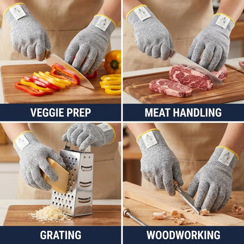Cut Resistant Kitchen Gloves ANSI A5 Level 5 HPPE For Mandoline Slicing And Oyster Shucking Food Safe Gloves in use for various tasks