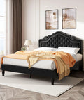 Queen Bed Frame With Fly Velvet Upholstery, Adjustable Diamond Tufted Headboard, Heavy Duty Steel Accents, Solid Wood Slat Base, Skip The Box Spring, Fast Fix Assembly, Sleek Matte Black in modern bedroom setting.