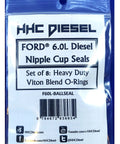 Front view of HHC Diesel Ford 6.0L Nipple Cup Seals in blue bag, set of 8 Viton blend O-rings