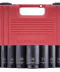 Heavy Duty 14 Piece Deep Impact Socket Set, 1/2 Inch Drive, Metric Sizes 10mm to 32mm, in front of red case.