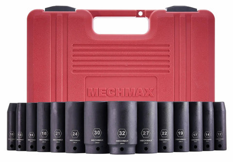 Heavy Duty 14 Piece Deep Impact Socket Set, 1/2 Inch Drive, Metric Sizes 10mm to 32mm, in front of red case.