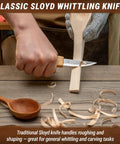 Classic Sloyd whittling knife in hand shaping wood, part of the Sweet Complete Wood Spoon Carving Kit Featuring Razor Sharp Hook Knife Premium Sloyd Blade.