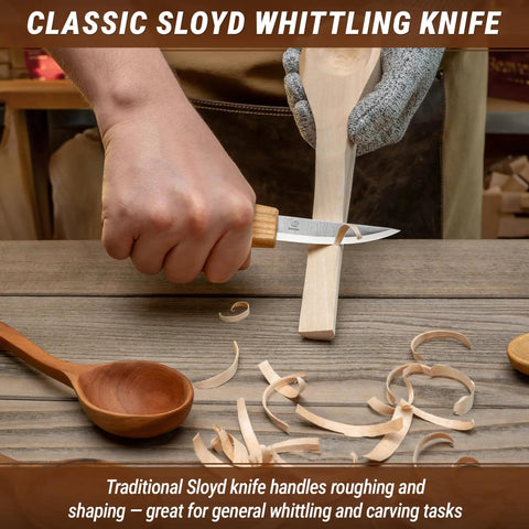 Classic Sloyd whittling knife in hand shaping wood, part of the Sweet Complete Wood Spoon Carving Kit Featuring Razor Sharp Hook Knife Premium Sloyd Blade.