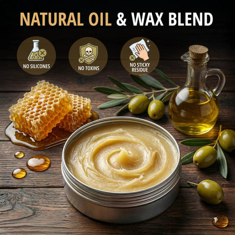 Natural oil and wax blend in tin with honeycomb, olives, and olive oil for furniture restoration. Absolute Game Changer Three In One Furniture Salve For Leather And Wood Polish Conditioner Restorer Fixes Busted Couches Removes Scratches Quick Easy To Apply Includes Brush And Pad For A Knockout Finish Daily.