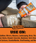 Hand using Heavy Duty Construction Adhesive White Glue 7 Ounce Squeeze Tube Tough As Nails for indoor and outdoor projects on stone