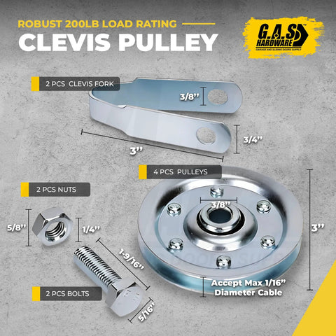 Clevis pulley kit with bolts, nuts, and fork, part of Beefy 130 Lb Yellow Double Looped Garage Door Extension Spring Bundle for 7 Ft Doors.