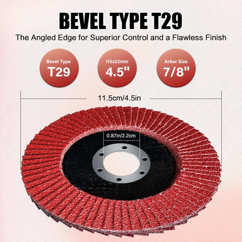 40 Pack 4-1/2 Inch Ceramic Flap Discs for Angle Grinder, Type 29, labeled dimensions and details overview