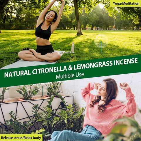 Woman practicing yoga outdoors and another relaxing with incense. Natural Citronella & Lemongrass Incense for multiple uses.