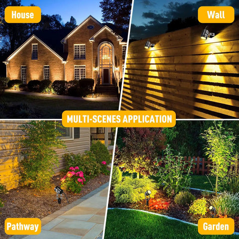 Low Voltage Outdoor LED Landscape Spotlights Set 12V Plug In IP65 Waterproof on house, wall, pathway, garden at night.