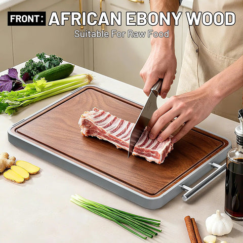 Cutting raw meat on Two In One Titanium And Ebony Wood Cutting Board With Handle And Juice Groove, double sided for meat and charcuterie.