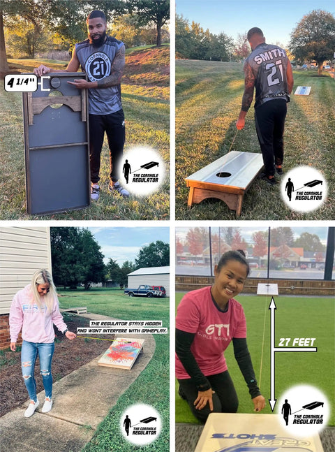 Hidden Self Retracting Cornhole Measuring Device For Regulation 27-Foot Distance Between Boards, No Tangled Rope Or Tape, Quick Setup, Discreet Accessory That Stays Ready During Gameplay. 27-foot hidden retractable cornhole regulator shown in use