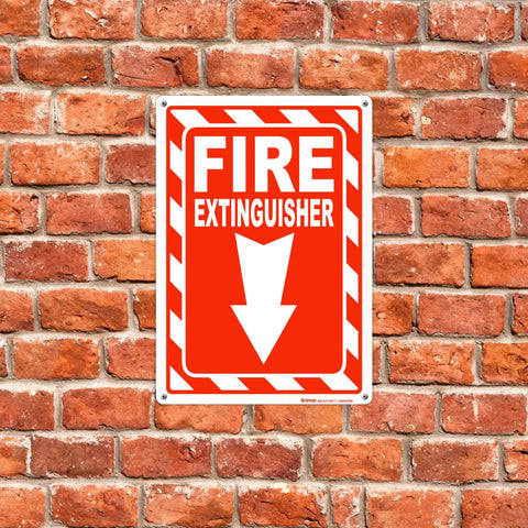 7 Inch By 10 Inch Fire Extinguisher Sign Made From Rust Free Aluminum With Bold Text And Symbol For High Visibility Easy Install With Pre Drilled Holes Durable Indoor Outdoor Safety Sign mounted on a brick wall
