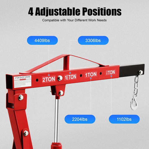 Heavy Duty Hydraulic Engine Hoist, 2 Ton Folding Shop Crane showing adjustable positions for various load capacities.