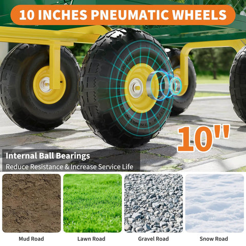 Heavy Duty Steel Garden Wagon Cart With 1400 Pound Capacity Three In One Convertible Utility Cart With 13 Inch Wheels And 180 Degree Handle Collapsible Outdoor Yard Trailer In Green And Yellow The Ultimate Workhorse featuring close-up of 10-inch wheels with internal ball bearings.
