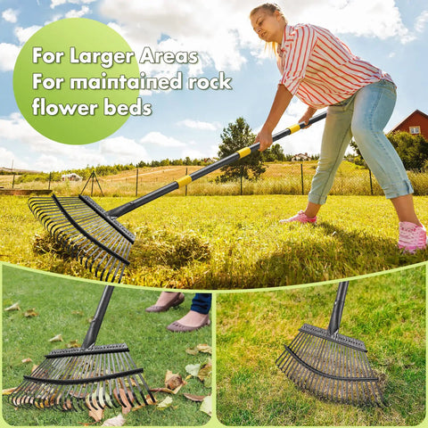 Heavy Duty Leaf Rake For Lawns And Yards With 65 Inch Adjustable Handle And 18 Inch Wide Head 25 Metal Tines A Real Tough Garden Rake For Adults And Kids To Clean Leaves Grass Mulch And Shrub Debris Fast, woman using rake on lawn